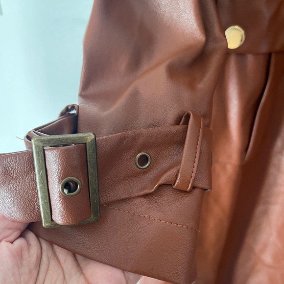 On Twelfth Fur Collar Brown Pleather Belted Long Jacket with Gold Accents - Picture 8 of 11